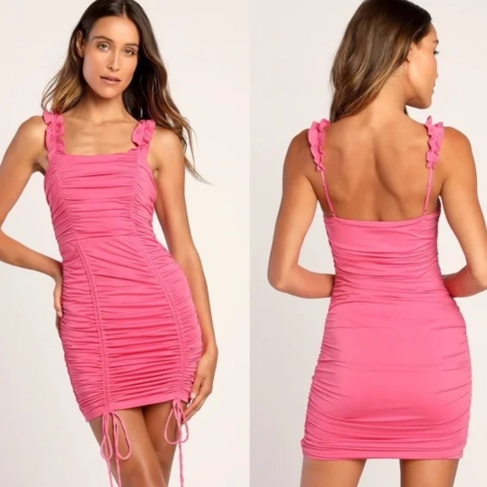 NEW LULUs size Small Flirt Alert Hot Pink Ruched Bodycon Mini Dress ruffle strap